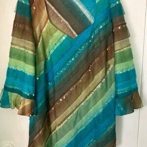 Handmade 20 Turquoise, Brown, Green Striped Diagonal Asymmetrical Top